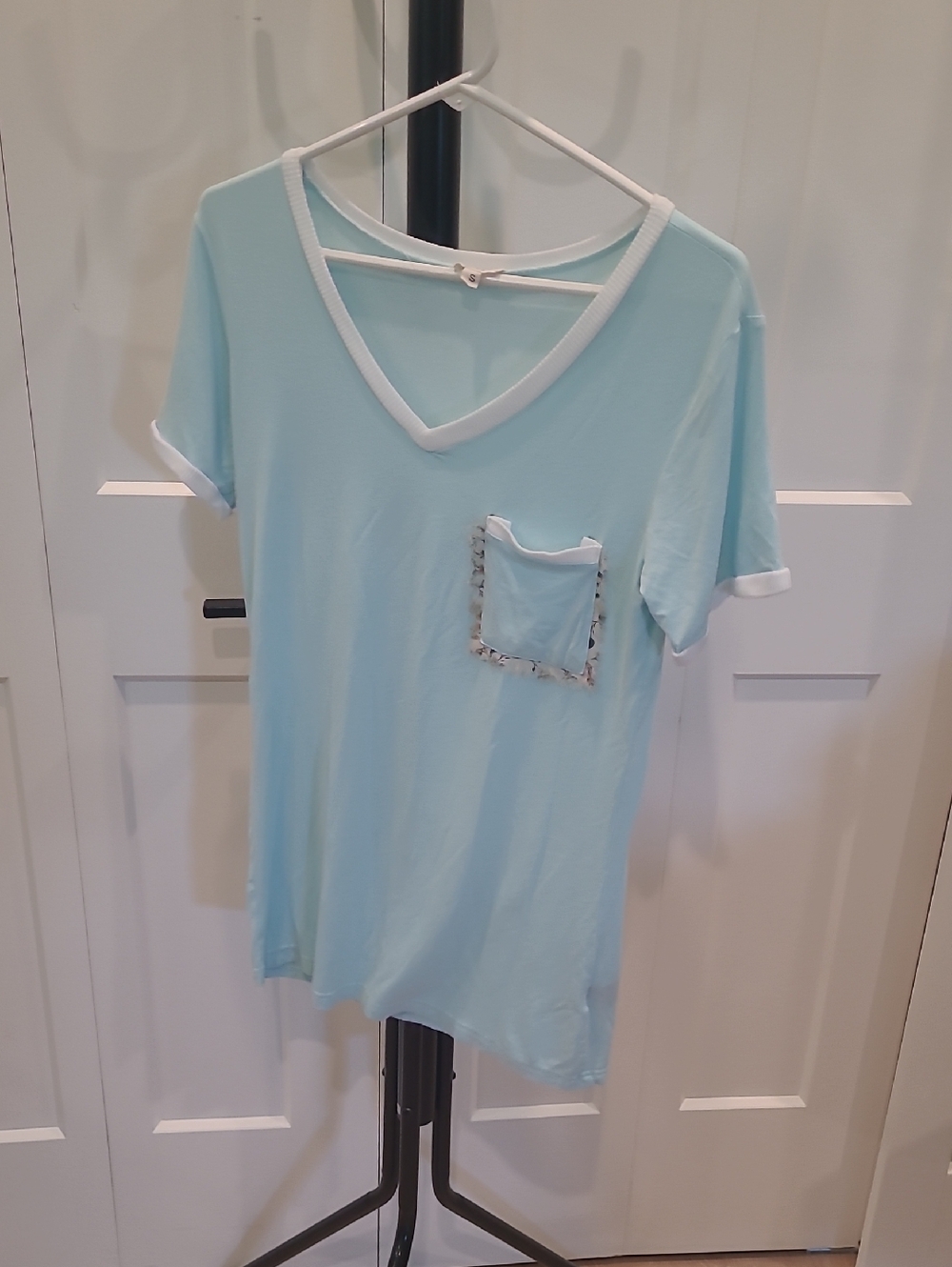 POL Light Blue V-Neck Short Sleeve Top with White Trim